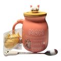 Pink Ceramic Mom Mug with Cat Lid, Fish diffuser, and Paw Spoon