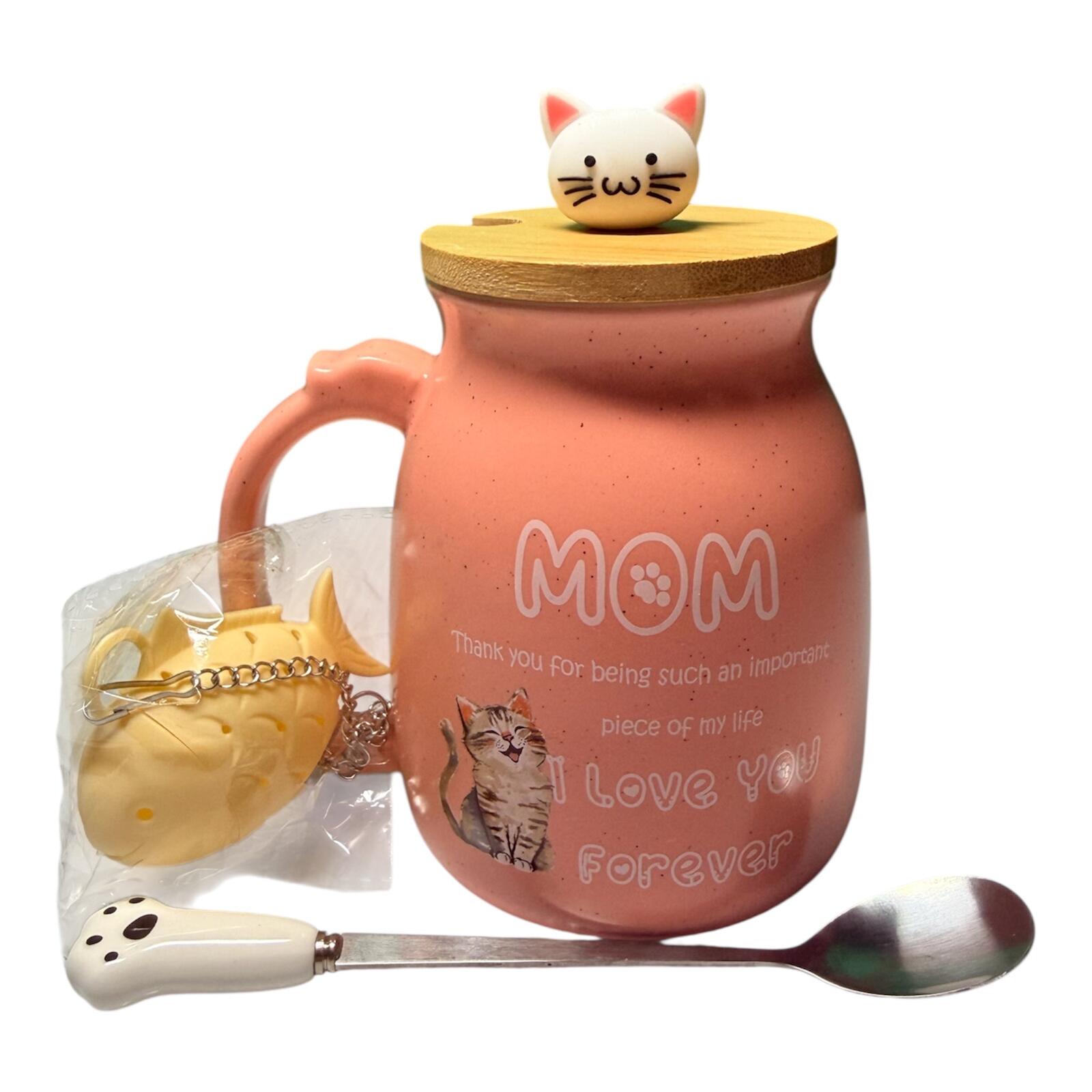 Pink Ceramic Mom Mug with Cat Lid, Fish diffuser, and Paw Spoon