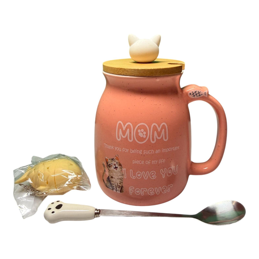 Pink Ceramic Mom Mug with Cat Lid, Fish diffuser, and Paw Spoon