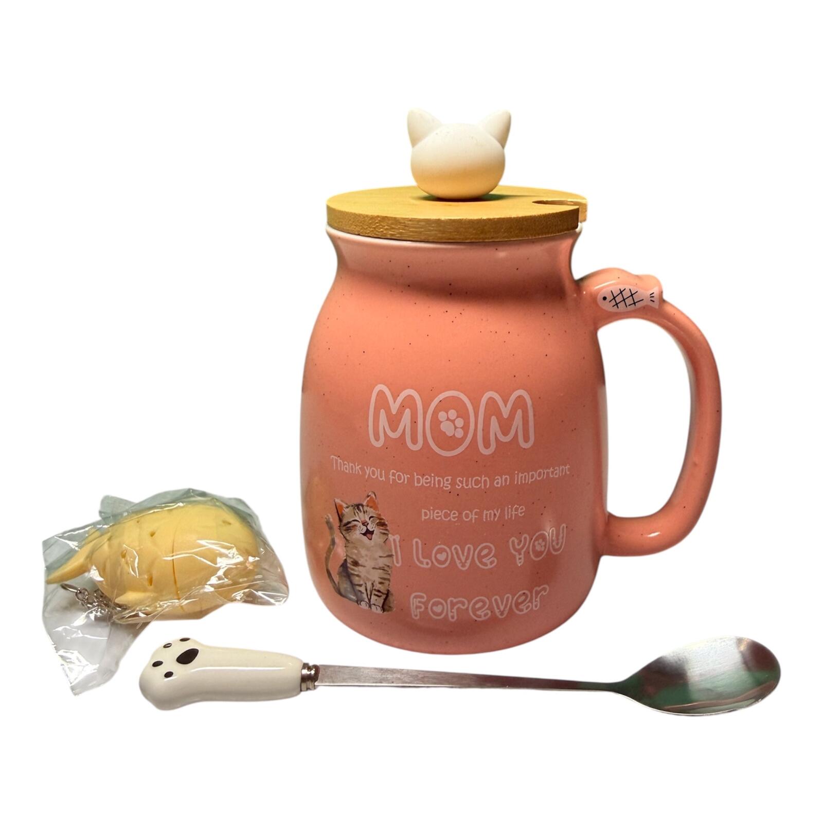 Pink Ceramic Mom Mug with Cat Lid, Fish diffuser, and Paw Spoon
