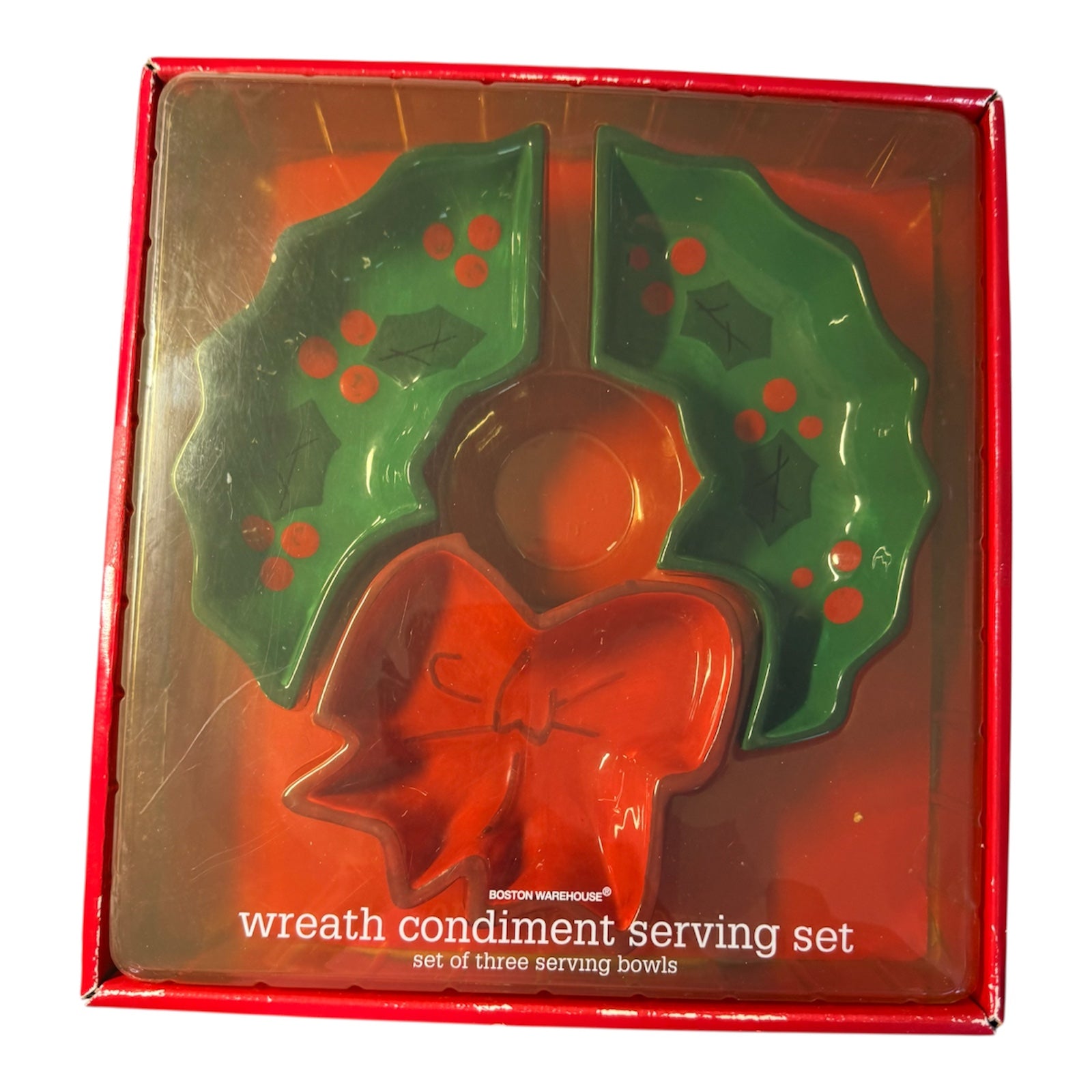 Boston Warehouse Christmas Wreath Condiment Serving Set of 3 Ceramic Bowls