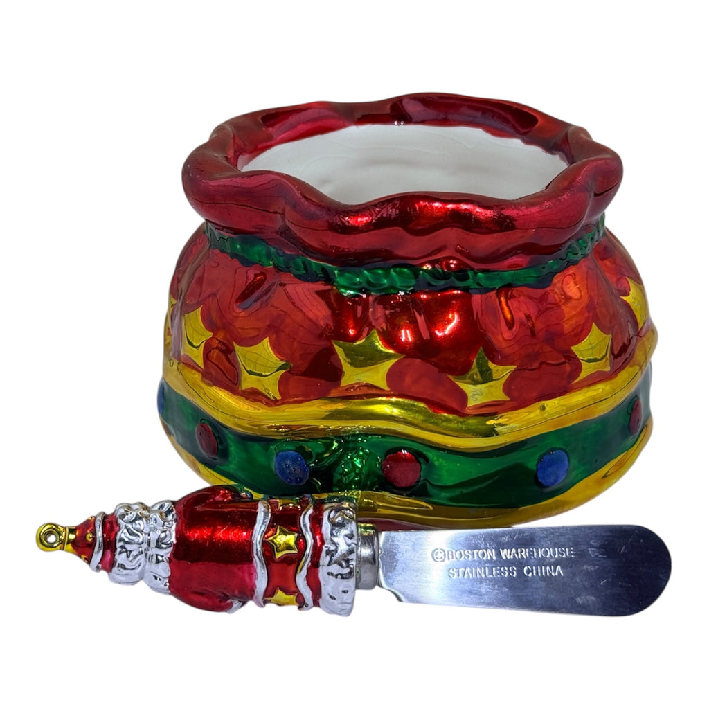 Boston Warehouse Santa & His Sack Dip Bowl & Spreader Set — New in Box