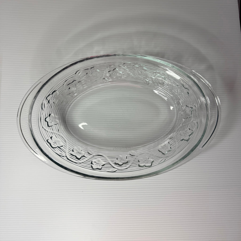 Clear Glass Oval Baking Dish, Anchor Hocking, Floral Embossed Pattern