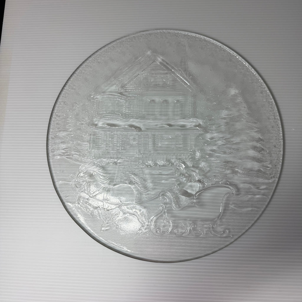 Christmas Embossed Glass Serving Platter 13" Round By Libbey Winter Sleigh Ride