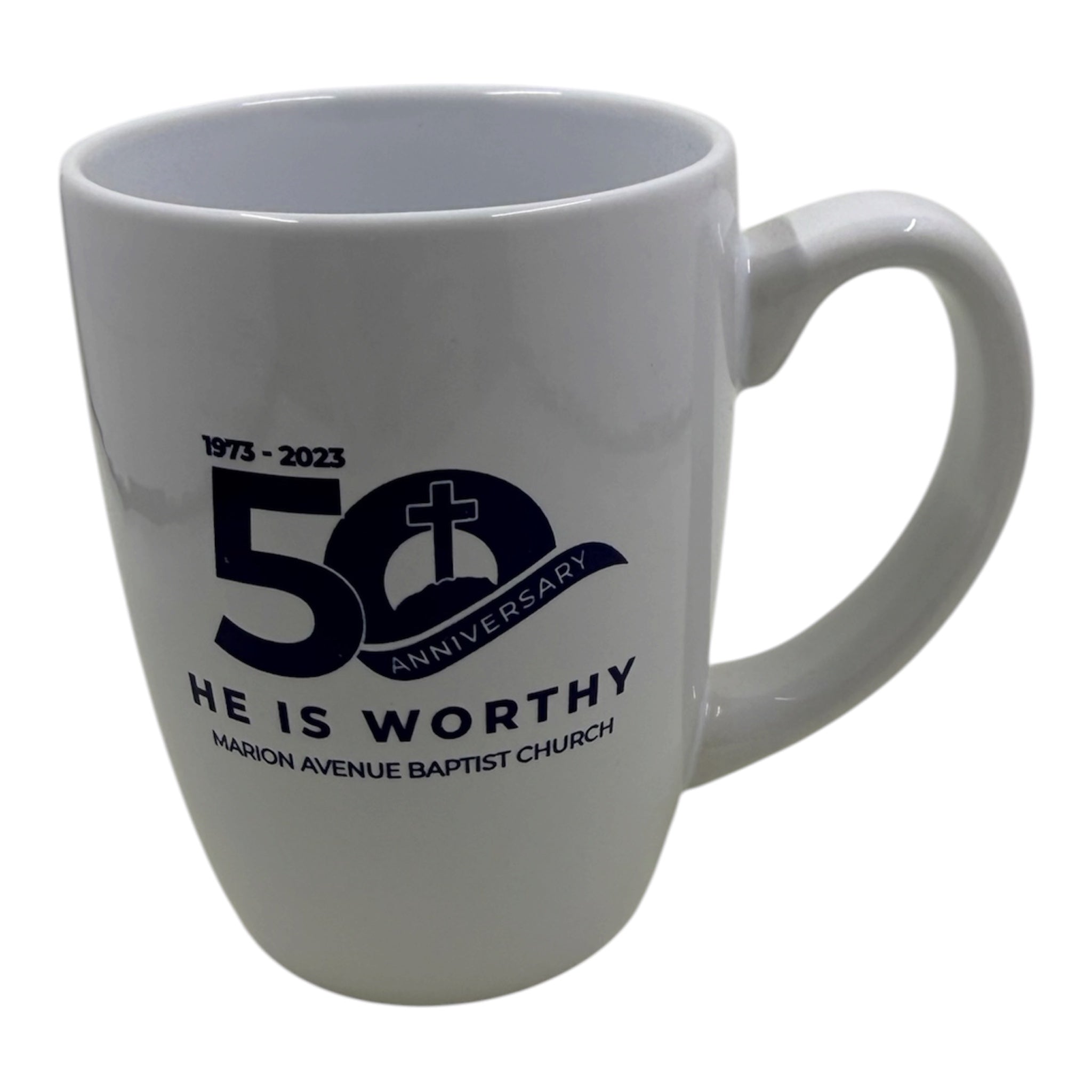 Church 50th Anniversary Ceramic Mug | "He Is Worthy" 1973–2023 Commemorative