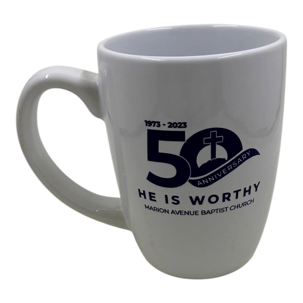 Church 50th Anniversary Ceramic Mug | "He Is Worthy" 1973–2023 Commemorative