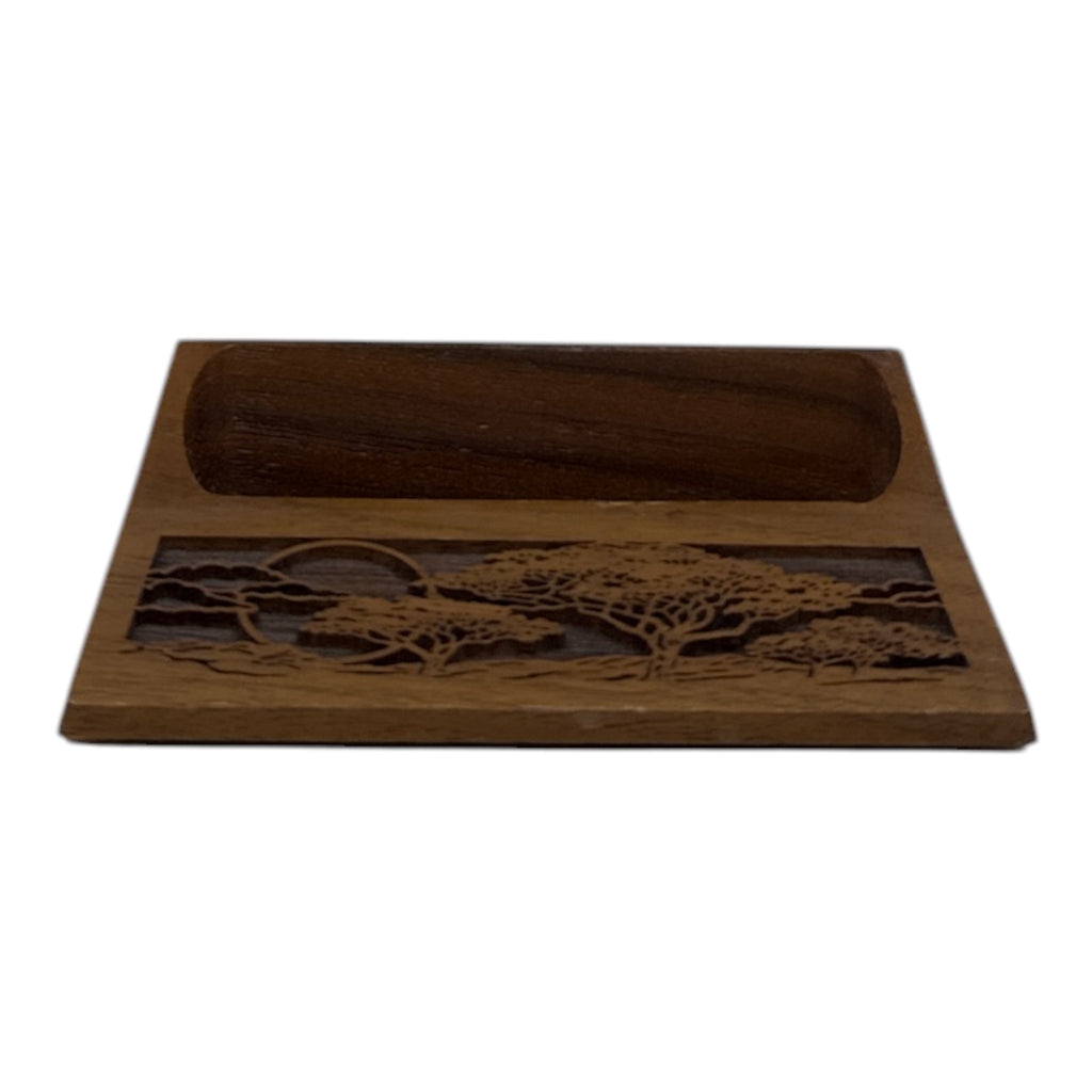 Lasercraft Walnut Wood Business Card Holder | Laser-Engraved Nature Scene | Vintage 1980s–90s Desk Accessory