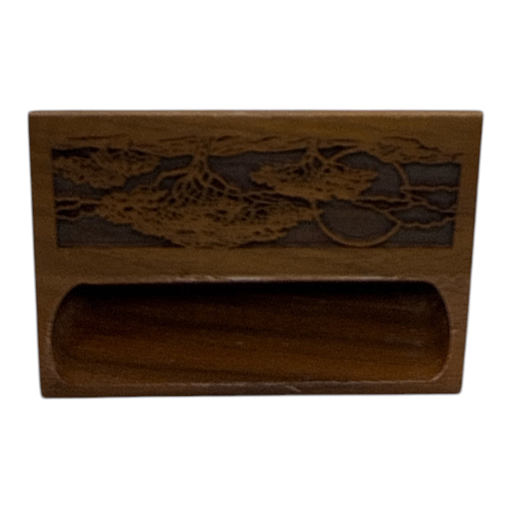 Lasercraft Walnut Wood Business Card Holder | Laser-Engraved Nature Scene | Vintage 1980s–90s Desk Accessory