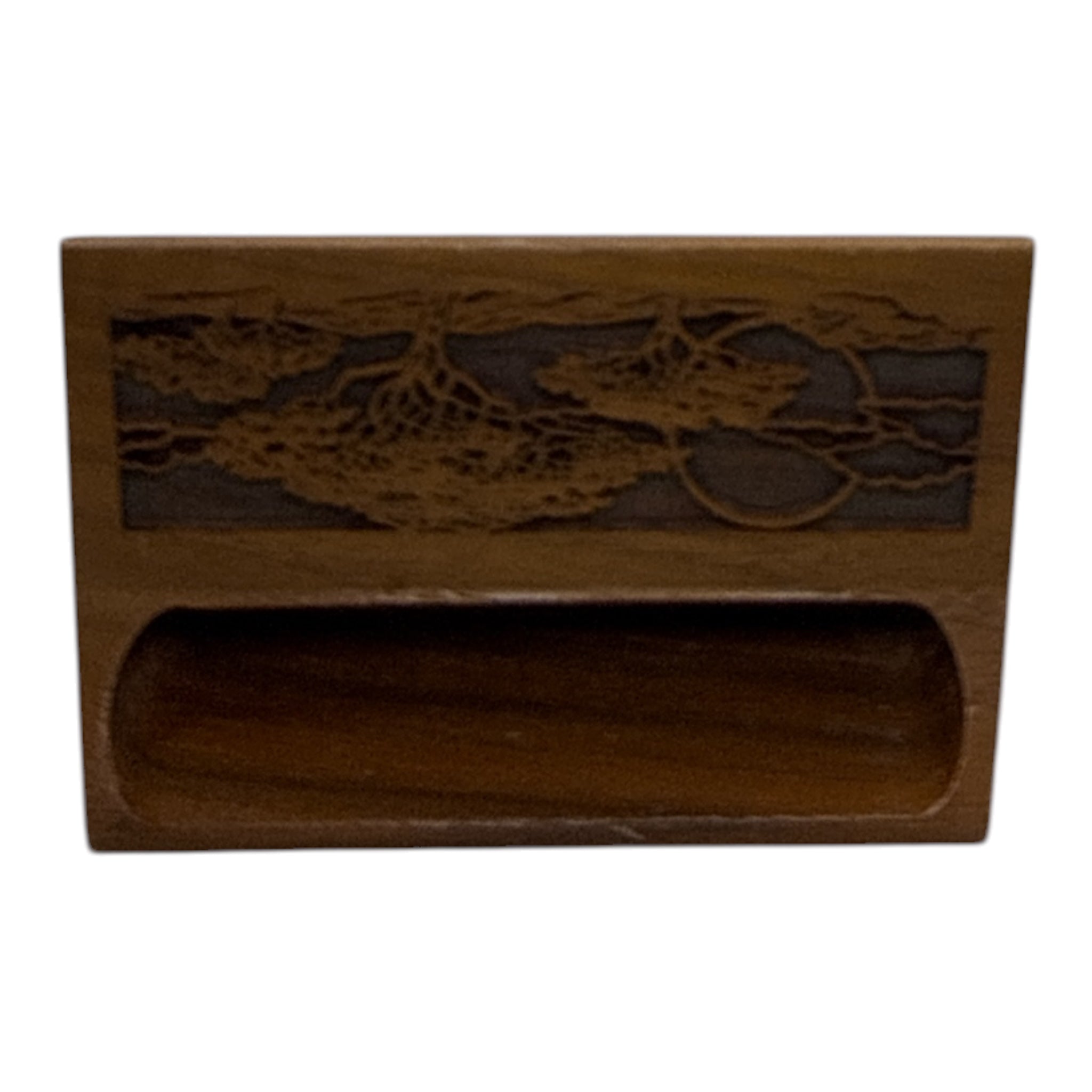Lasercraft Walnut Wood Business Card Holder | Laser-Engraved Nature Scene | Vintage 1980s–90s Desk Accessory