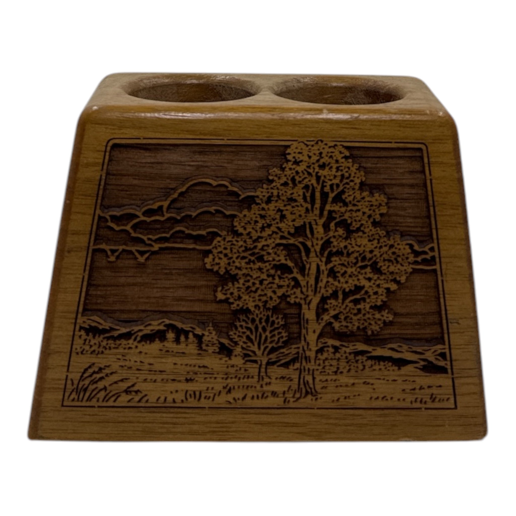 Lasercraft Walnut Wood Pen Holder | Laser-Engraved Nature Scene | 1970s–80s Vintage Desk Accessory
