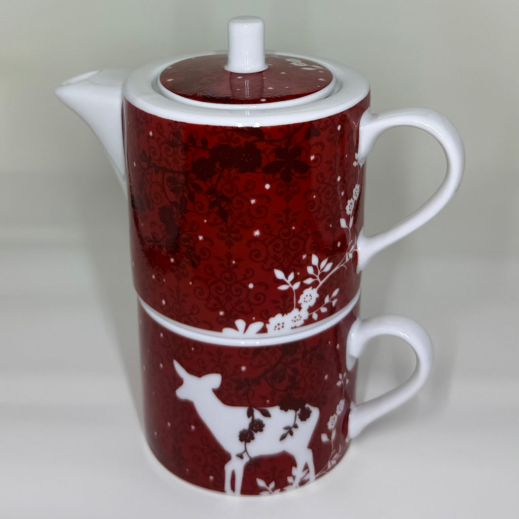 Rosanna Deer & Birds Stacking Tea Set - Vintage Red Porcelain