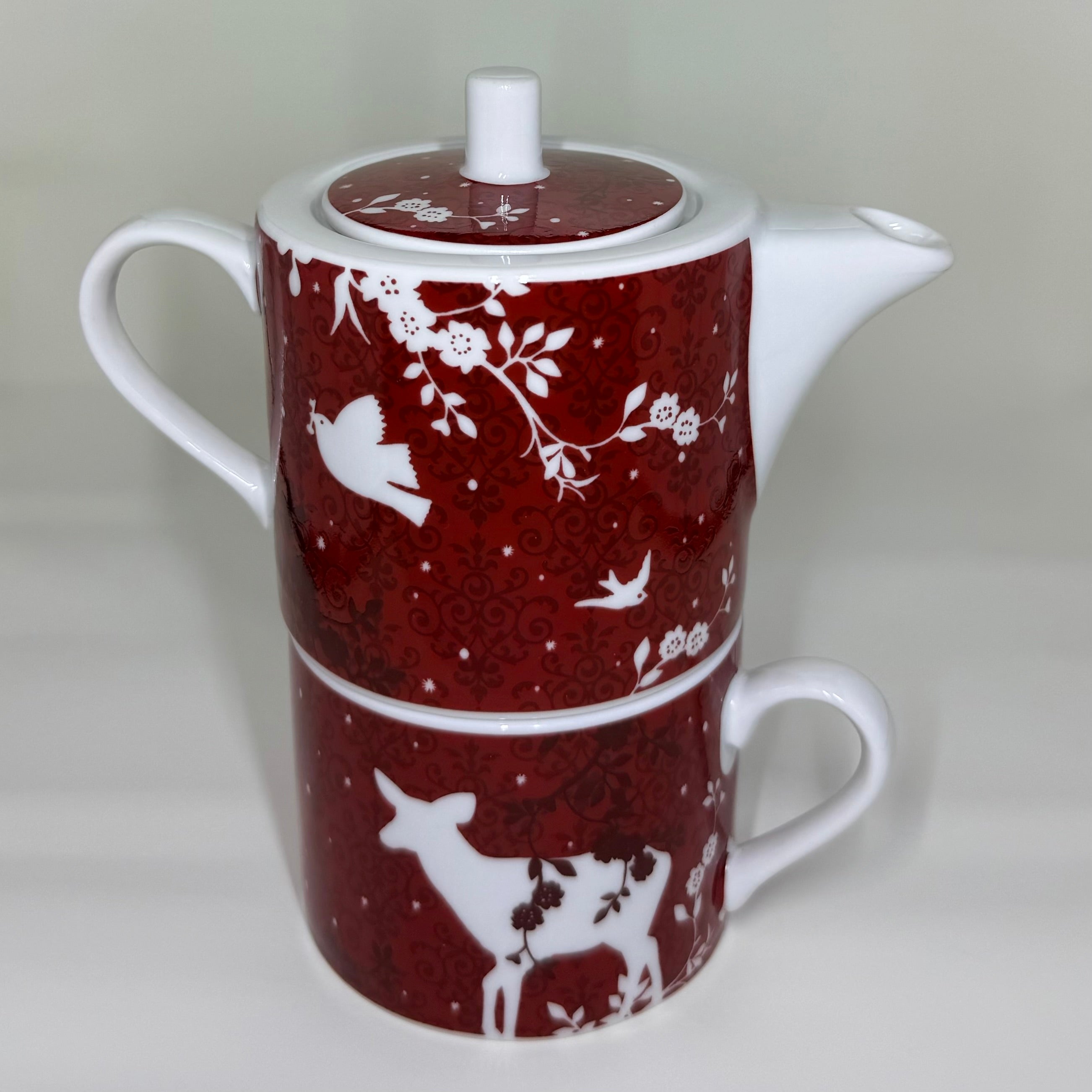 Rosanna Deer & Birds Stacking Tea Set - Vintage Red Porcelain