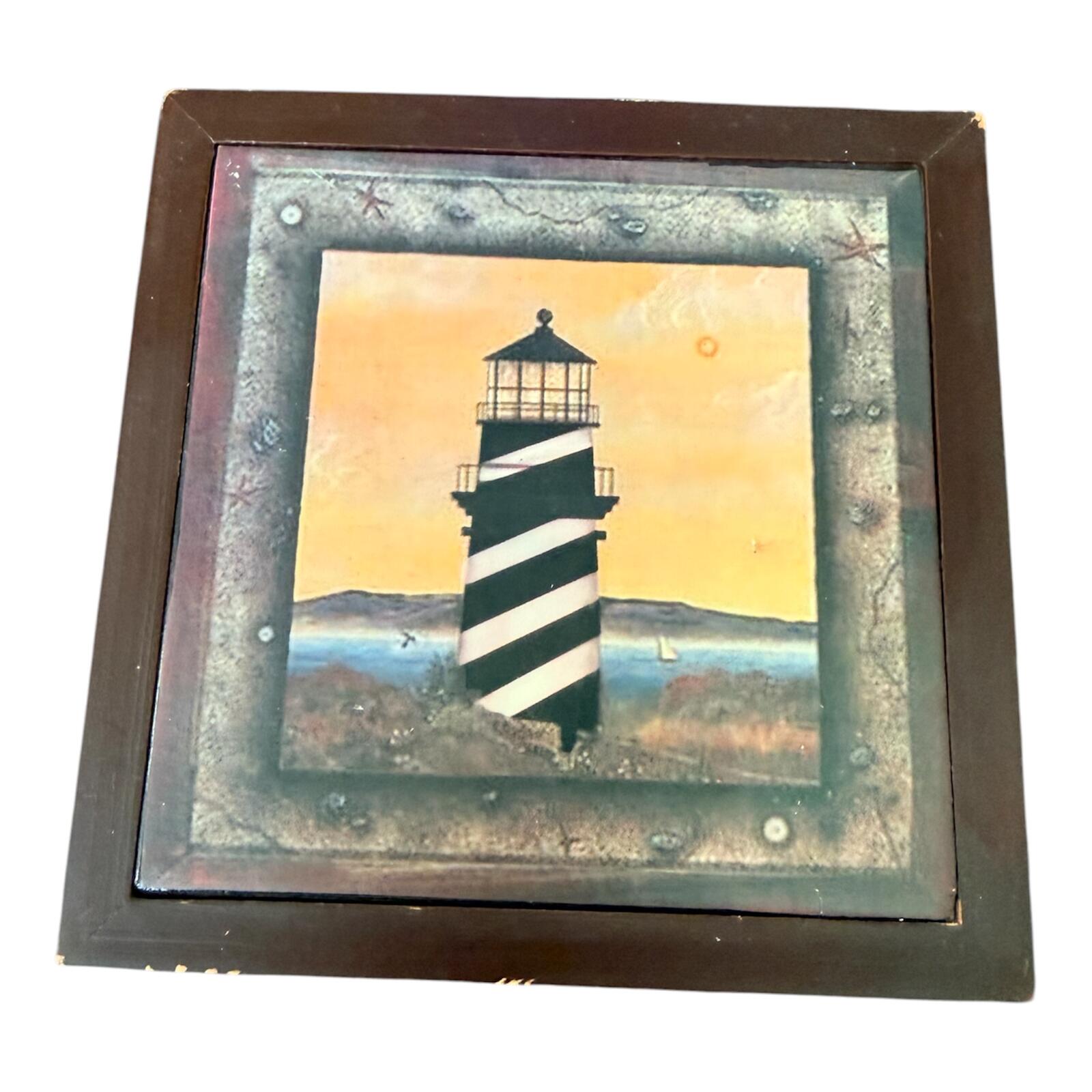 Vintage Lighthouse Wall Art in Wooden Frame