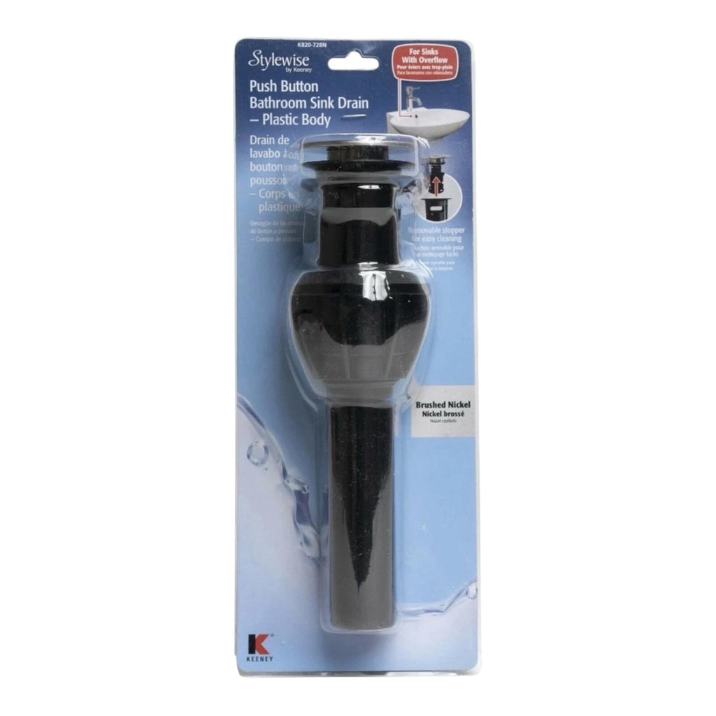 Stylewise Push Button Bathroom Sink Drain - Plastic Body, Brushed Nickel Finish
