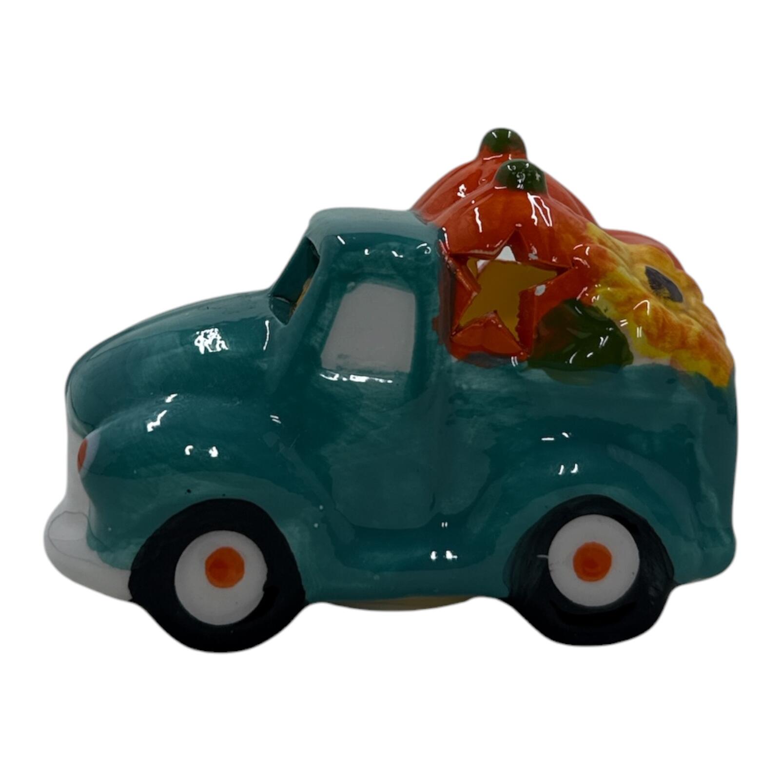 Ceramic Teal Vintage Truck with Pumpkin and Sunflower Decoration