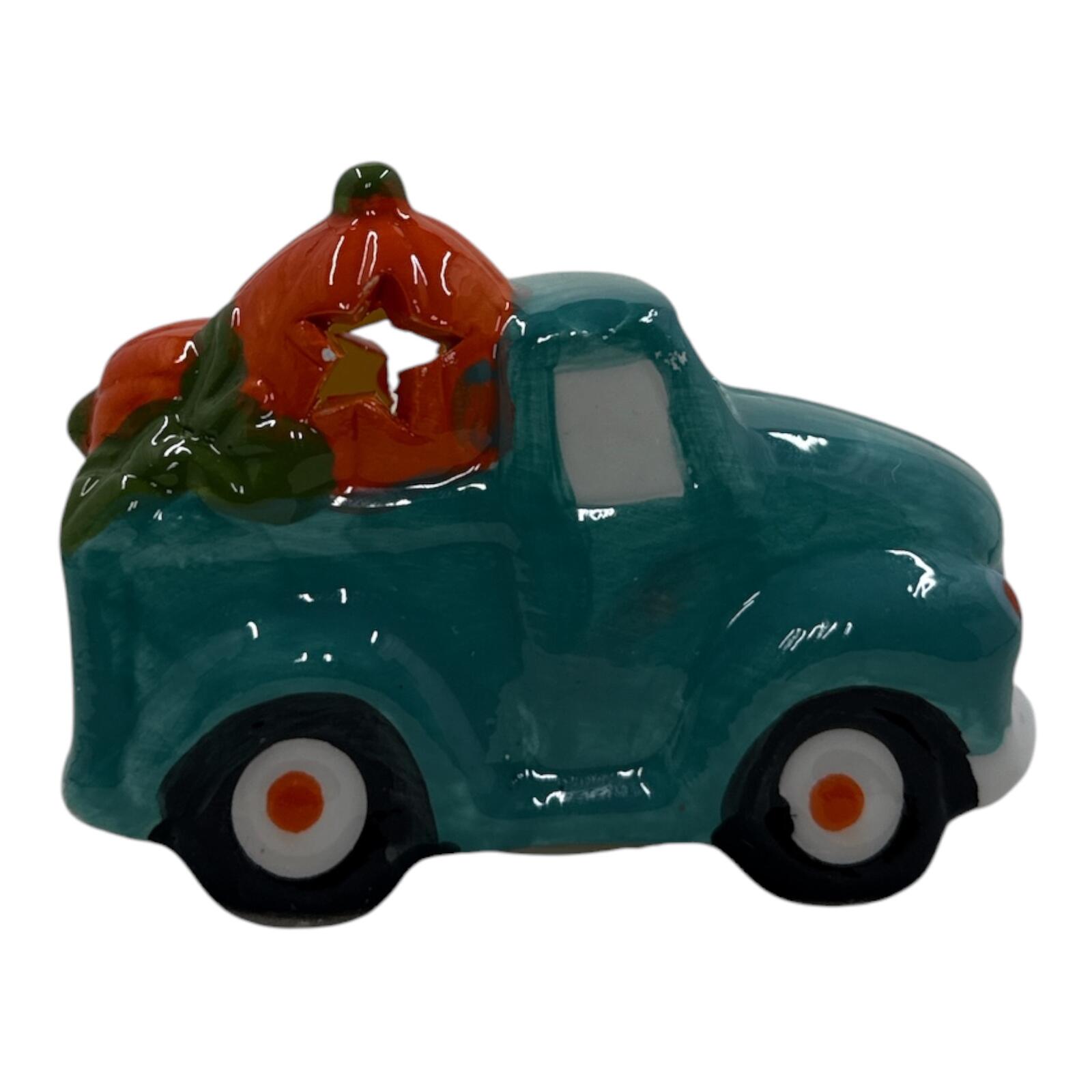 Ceramic Teal Vintage Truck with Pumpkin and Sunflower Decoration