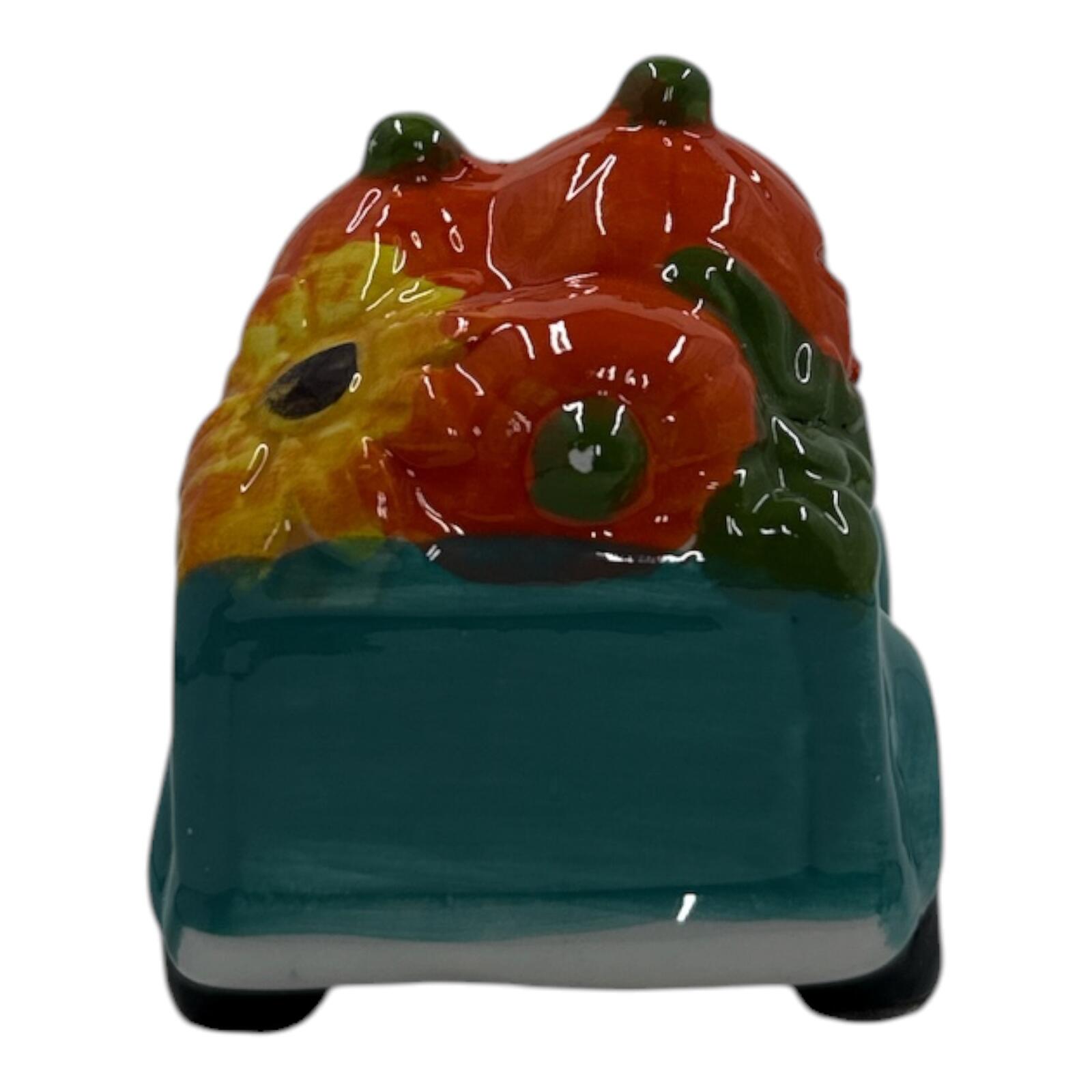 Ceramic Teal Vintage Truck with Pumpkin and Sunflower Decoration