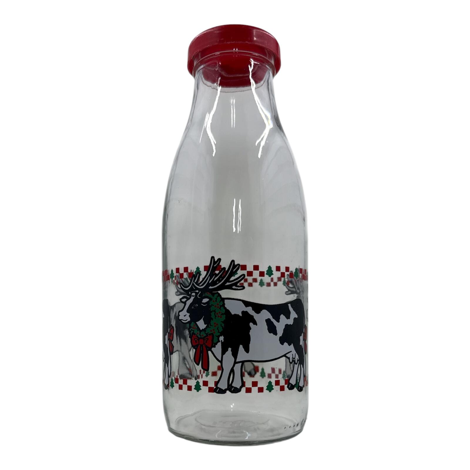 Vintage Glass Milk Bottle with Holiday Reindeer Design and Red Lid