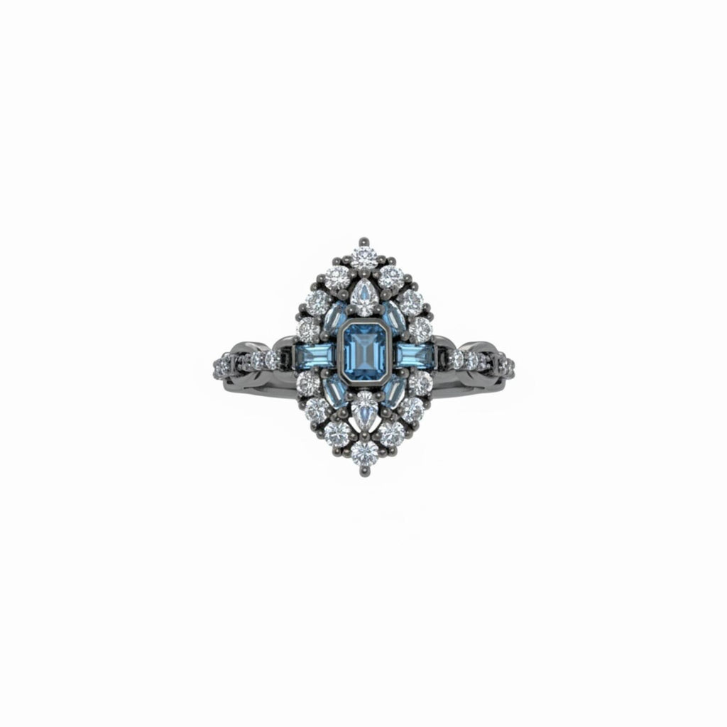 Bomb Party Princess Personality Hematite Plating Ring w/ Lab Aquamarine SZ 10