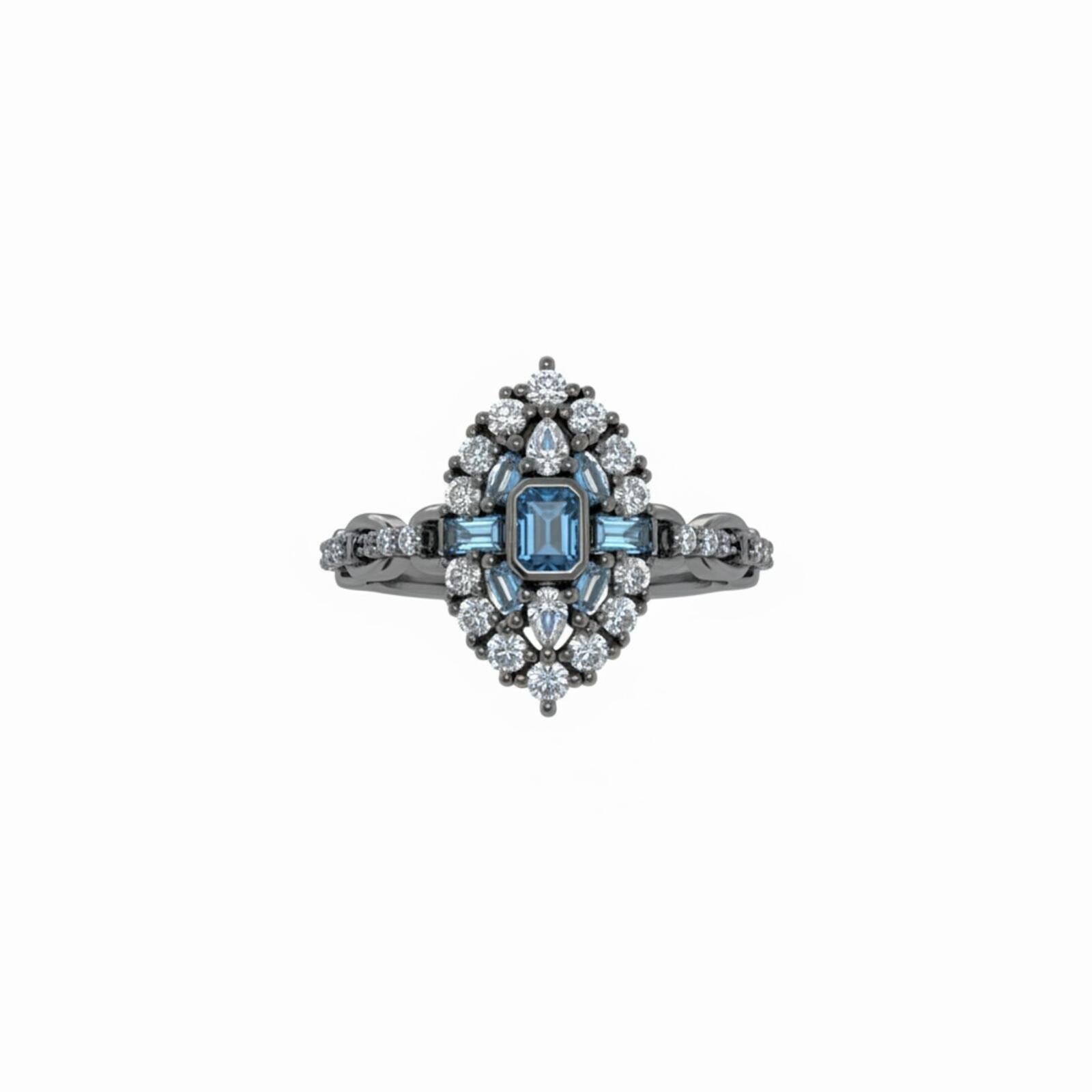 Bomb Party Princess Personality Hematite Plating Ring w/ Lab Aquamarine SZ 10