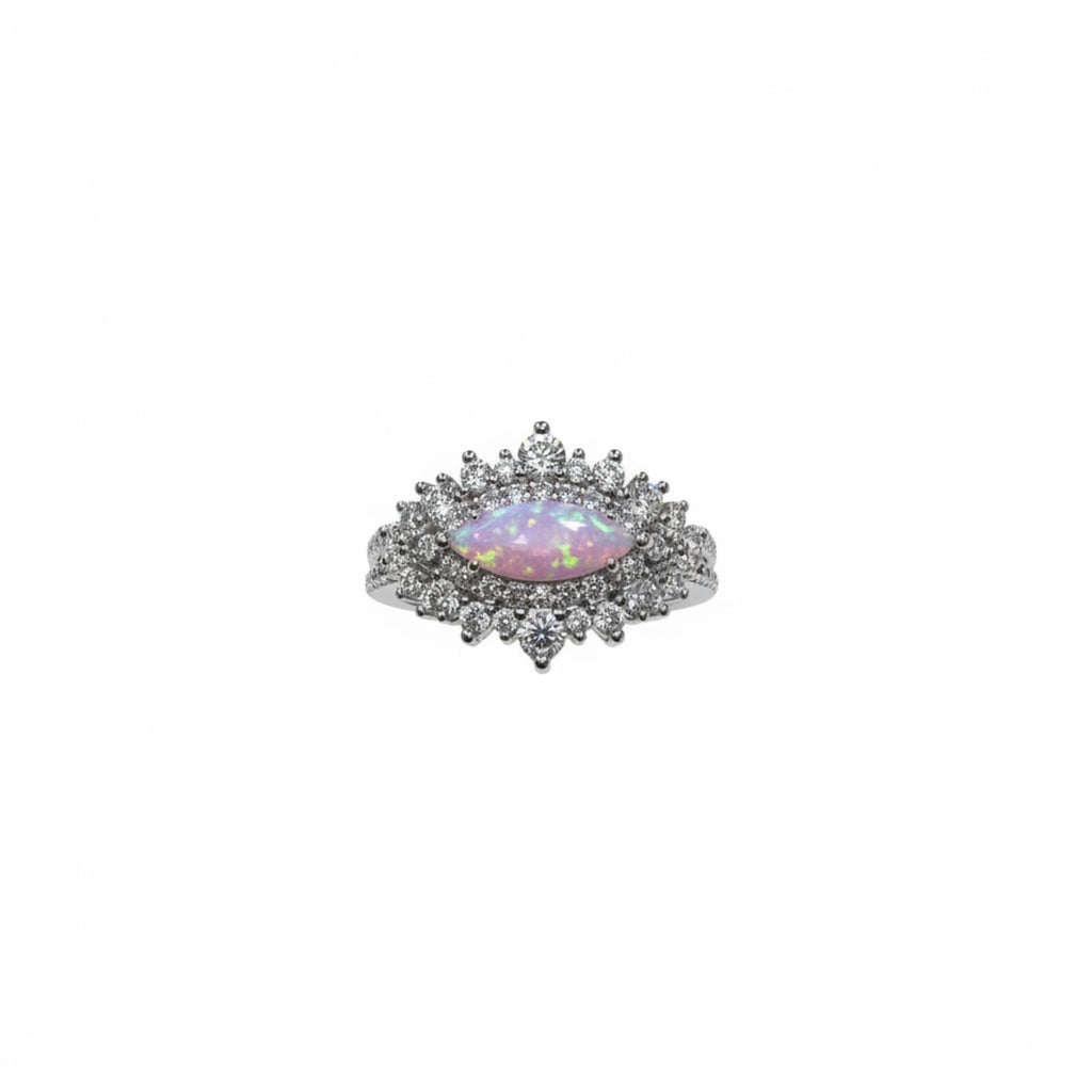 Bomb Party Rhodium Plated Ring with Lab Grown Peach Fire Opal SZ 6