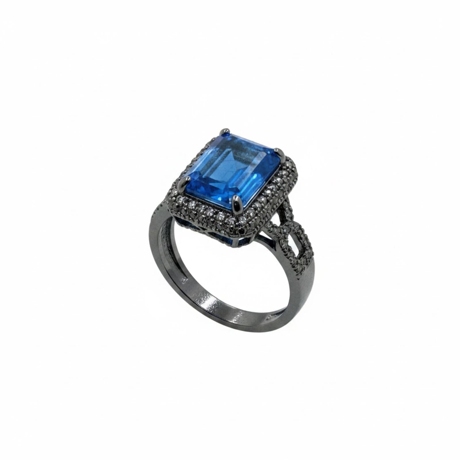 Drama Queen Dreams Lab-Created Ocean Blue Quartz Ring w/ Hematite Plating 8