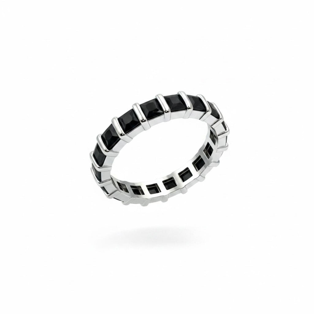 Bomb Party Black Onyx Cubic Zirconia Rhodium Plated Ring SZ 10