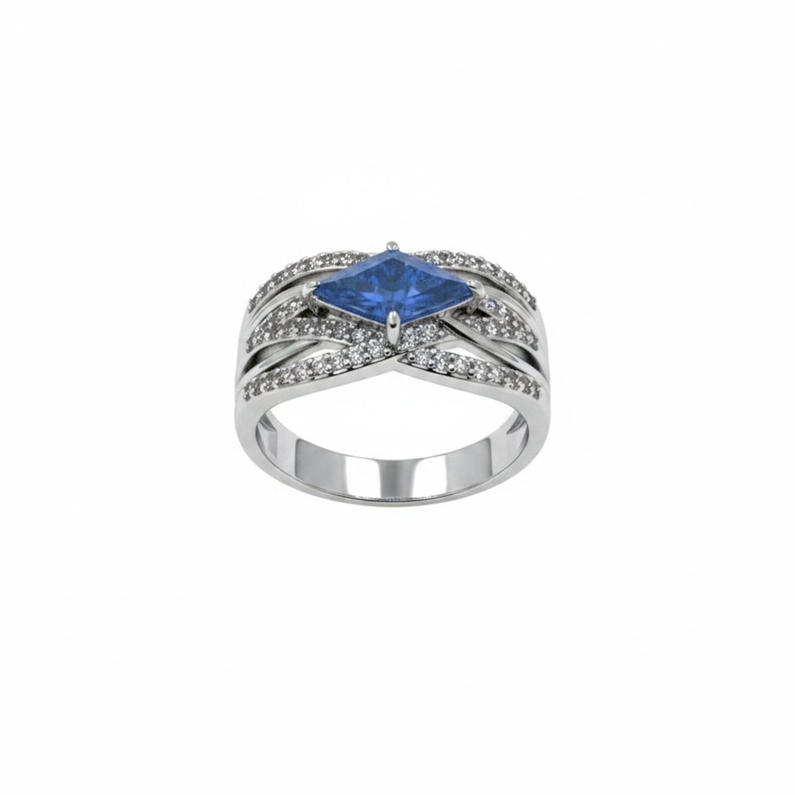 Because Why Knot? Rhodium Plated Ring with Aqua Blue Ice Crystal SZ 9