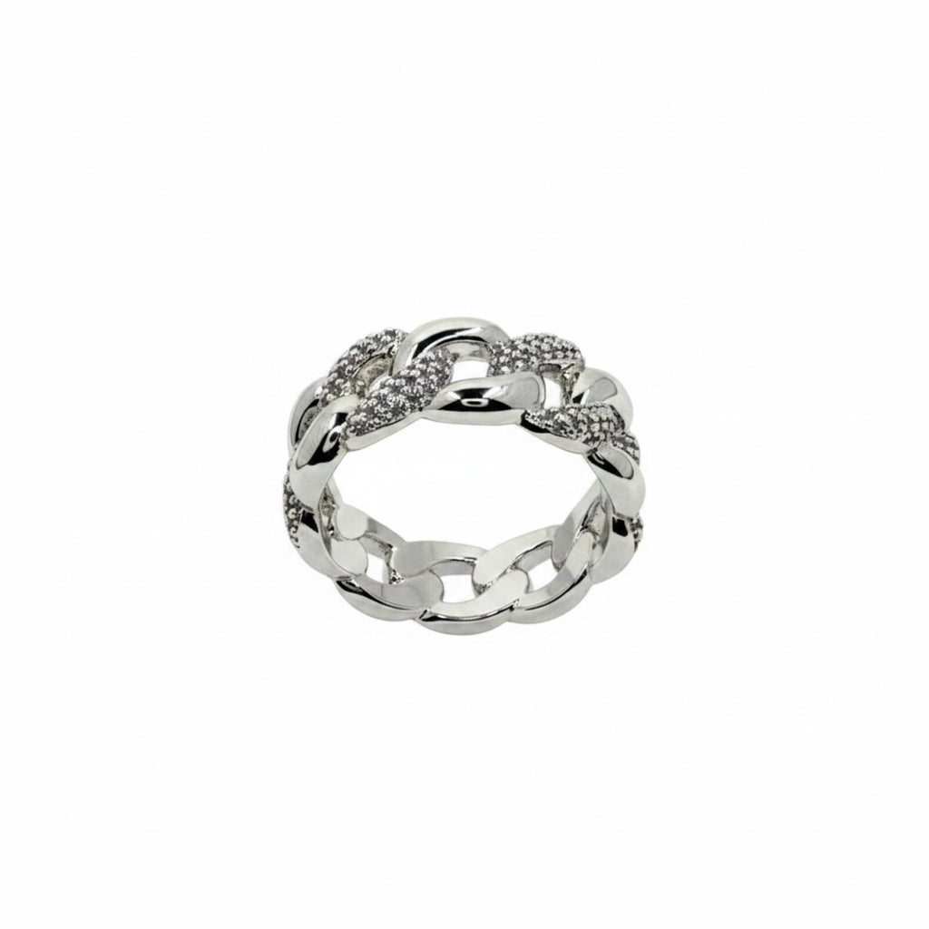 Bomb Party Rhodium Plated Chain Link Ring w/ Aquamarine Cubic Zirconia SZ 9