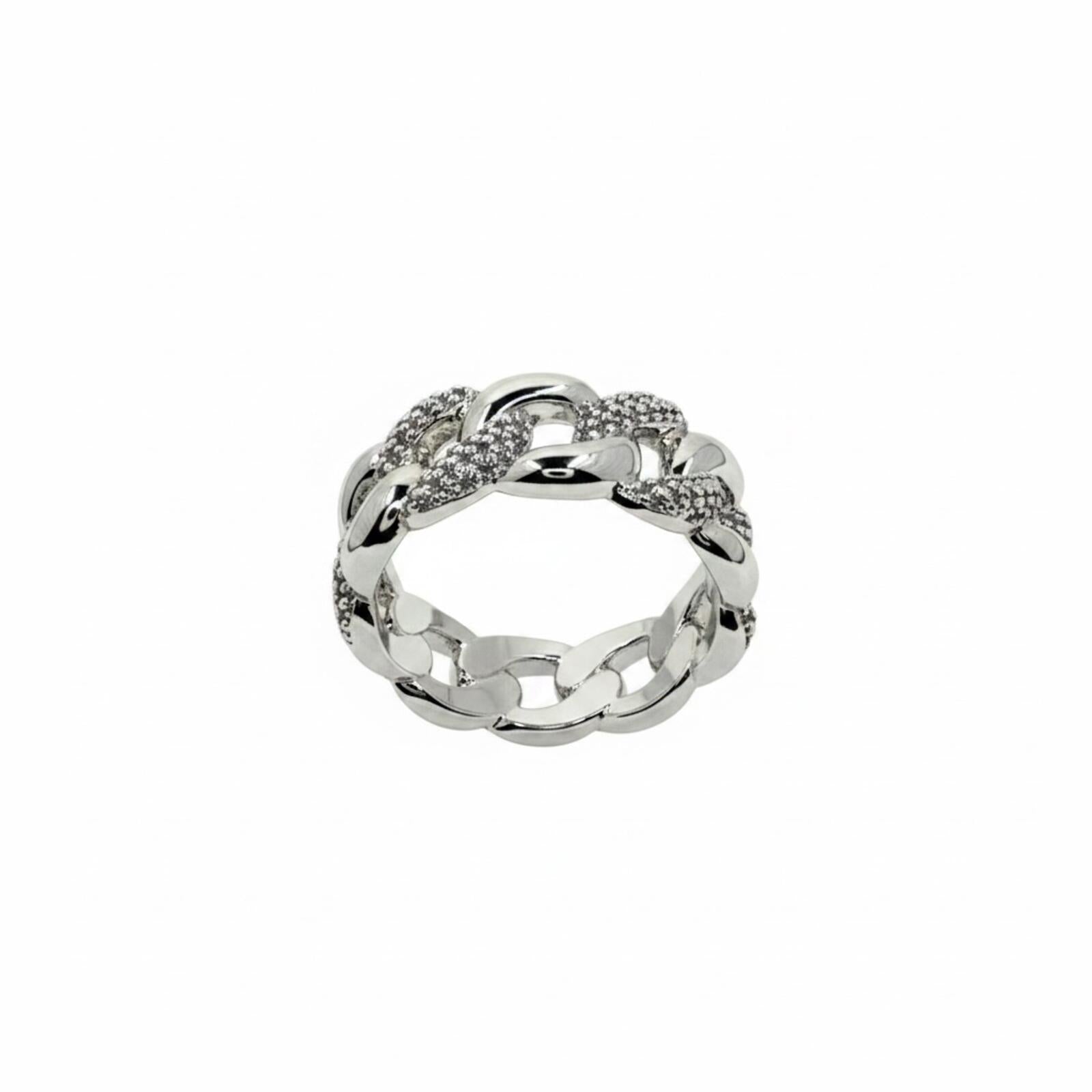 Bomb Party Rhodium Plated Chain Link Ring w/ Aquamarine Cubic Zirconia SZ 9