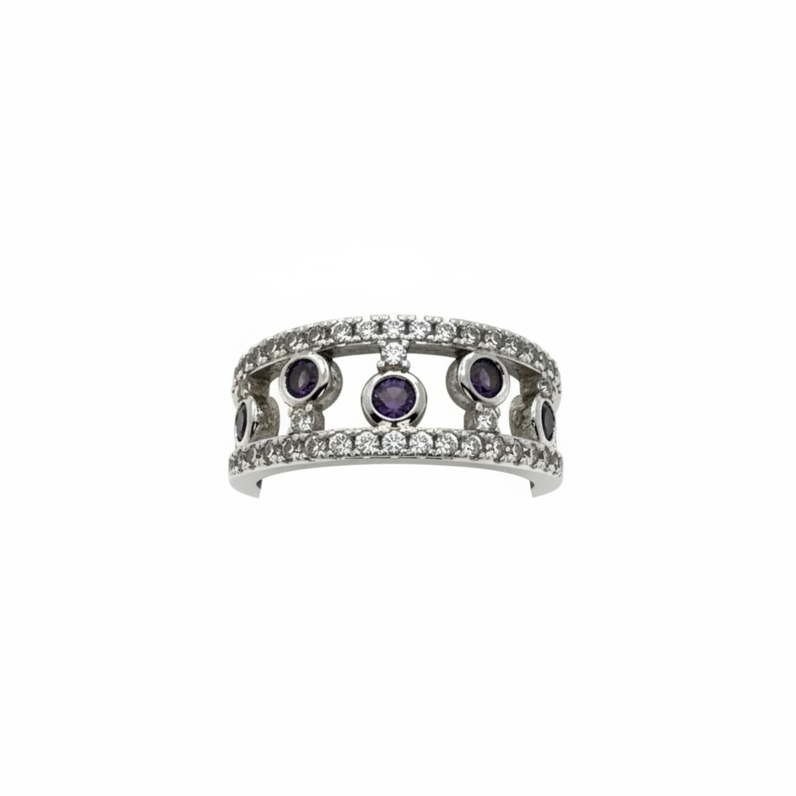 Bomb Party Silver Tone Ring with Purple Lab-Created Stones SZ 6