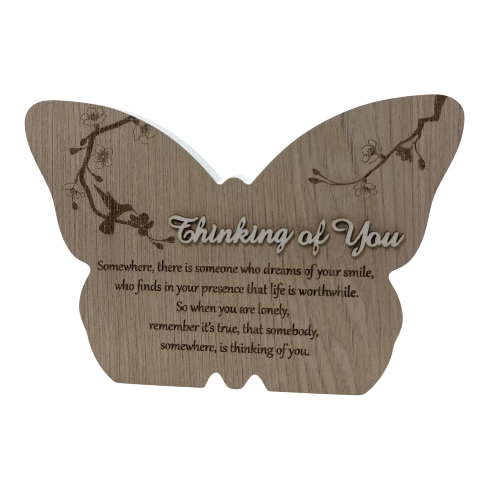 Butterfly Shaped Wooden Wall Plaque with Inspirational Quote - "Thinking of You"