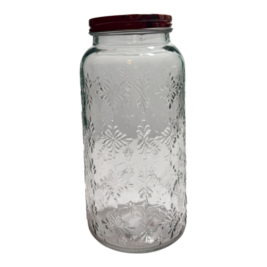 Vintage Embossed Glass Jar with Floral Metal Lid